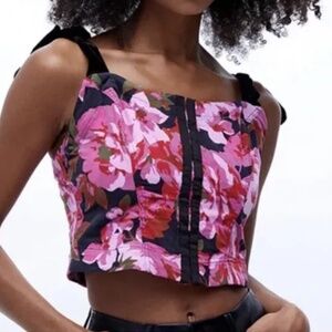 Free People Rose/ Foral Tie Cropped Corset Top with Velvet Straps (small)
